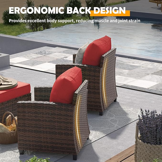 UDPATIO Patio Conversation Set, 5 Pieces Outdoor Furniture Set, All-Weather Wicker Rattan High Back Outdoor Sectional Sofa Set with Ottoman for Poolside, Backyard, Brown Wicker Wine Red Cushions