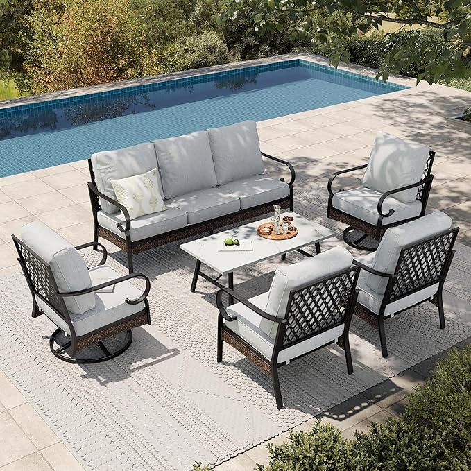 HERA'S HOUSE 6 Piece Metal Patio Furniture Set, All Weather Outdoor Conversation Set with 3-Seat Sofa, 2 Swivel Chairs, 2 Fixed Chairs & Coffee Table, 7 Seats for Backyard, Garden, Deck, Light Grey