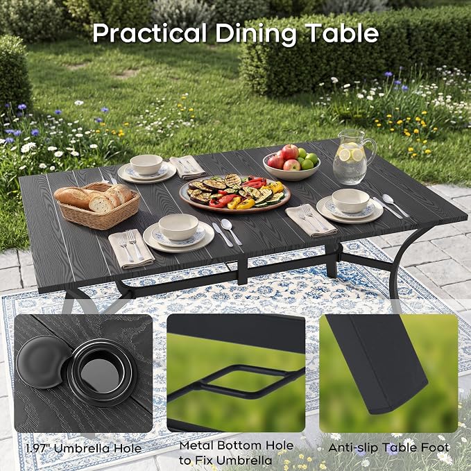 Outdoor Dining Set for 6, Patio Table and Chairs Set with 1.97'' Umbrella Hole, 7pcs Patio Furniture Set 63”x37.8'' Dining Table Set for Porch Deck Backyard Pool