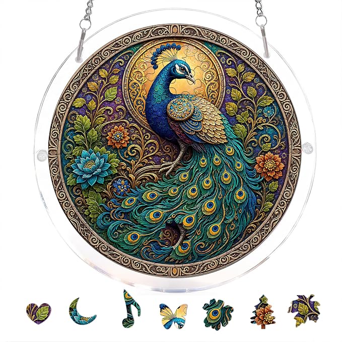 Acrylic Puzzle Suncatcher, Peacock Sun Catcher Jigsaw Puzzle Window Hanging, Acrylic Puzzles Kit Home Garden Decor, Mothers Day Birthday Gifts for Mom, Wife, Sisters, 7.87 inch
