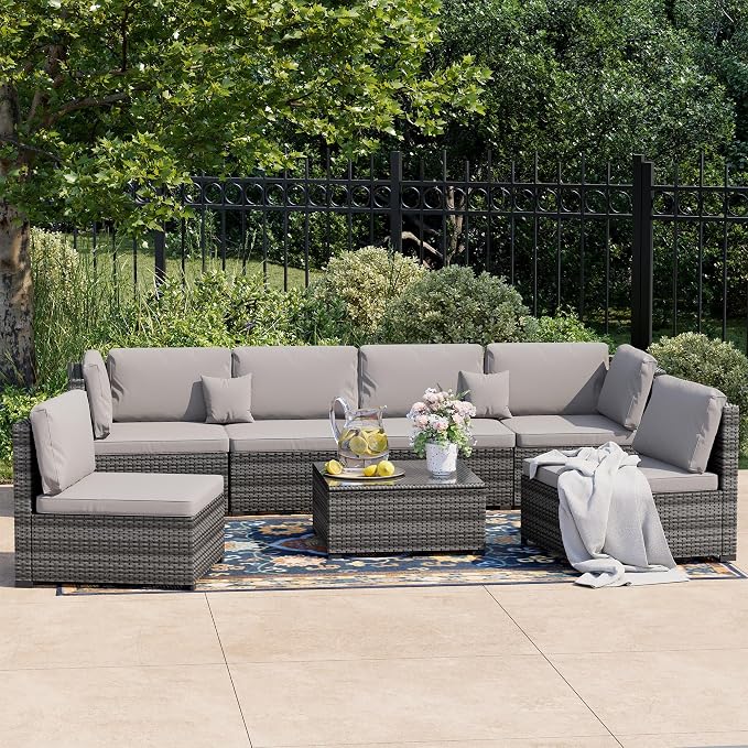 LHBcraft 7 Pieces Outdoor Furniture Set, Wicker Furniture Patio Conversation Sets with Tea Table and Thickened Beige Cushions,Grey Outdoor Patio Sectional Sofa for Garden, Poolside, Backyard