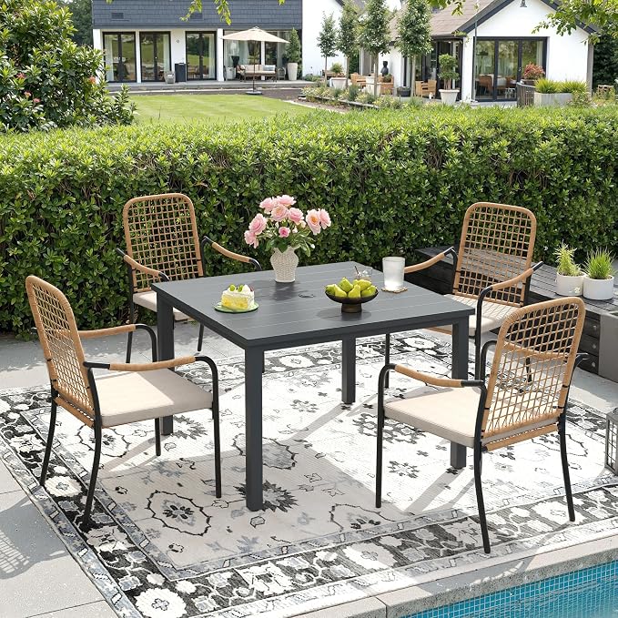 DIFY 5 Pieces Outdoor Dining Set, Metal Patio Table and Chairs Set for 4, 40.2" Square Dining Table with Umbrella Hole & Wicker Stackable Patio Chairs with Cushions, Grey Tabletop
