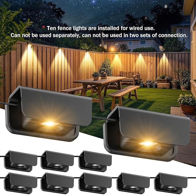 Fence Lights Outdoor, 10 Pack Deck Light with Wire, IP65 Waterproof Warm White Step Lights Outdoor for Stairs, Step, Wall, Yard, Porch, Garden, Patio, and Pathway