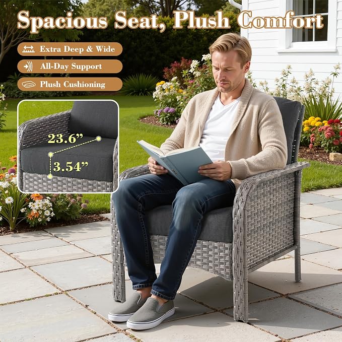 6 Pieces Patio Furniture Set, All-Weather Rattan Wicker Outdoor Furniture Loveseat Chairs with Coffee Table, High Back Conversation Set for Porch, Backyard, Balcony, Black