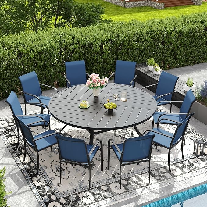 DIFY 11 Pieces Outdoor Patio Dining Set for 10, 63" Black Round Metal Patio Table and 10 Blue Stackable Textilene Patio Chairs, Outdoor Table and Chairs for Backyard Garden Poolside