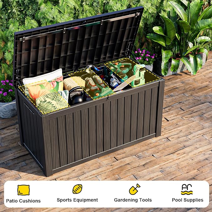 EasyUp 180 Gallon Deck Boxes Outdoor Waterproof, Resin Outside Storage Box for Patio Cushion Furniture Pool Accessories Garden Tools Indoor Outdoor Storage Bench (180 Gallon, Black)