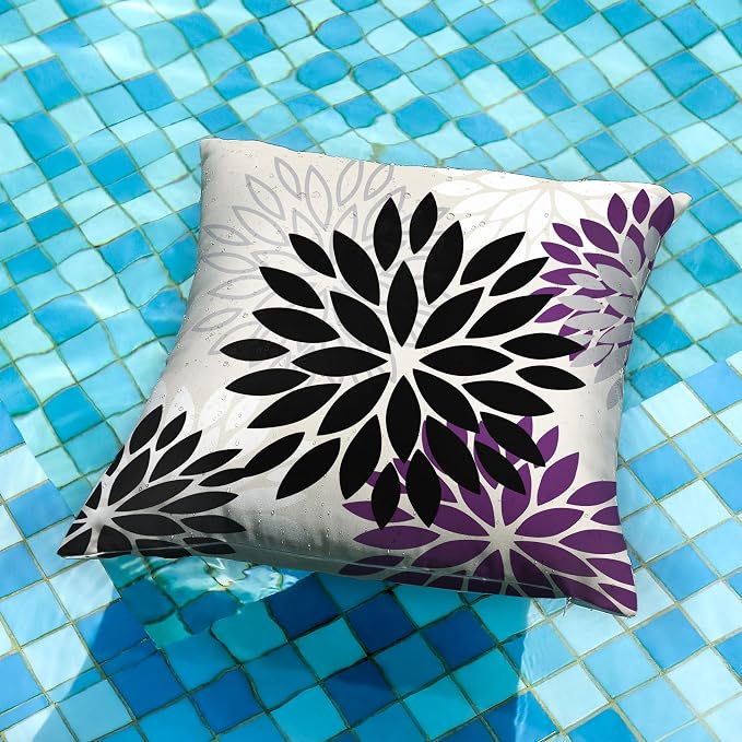 DFXSZ Outdoor Waterproof Pillow Covers 18x18 Set of 2 Black Purple Flower | Spring Summer Waterproof Flower Throw Pillowcases（No Inserts）Outdoor Decor for Patio Funiture Garden Polyester Covers