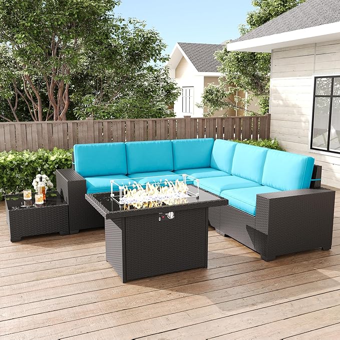 LayinSun 7 Pieces Patio Furniture Set with Fire Pit Table, Black Rattan Modular Sectional Patio Conversation Sofa Set