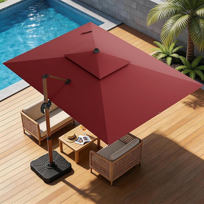 10x13FT Cantilever Outdoor Patio Umbrellas, Double Top Wood Pattern Rectangle Umbrella, Heavy Duty 360°Rotation Offset Umbrella for Garden Deck Pool Patio, Red