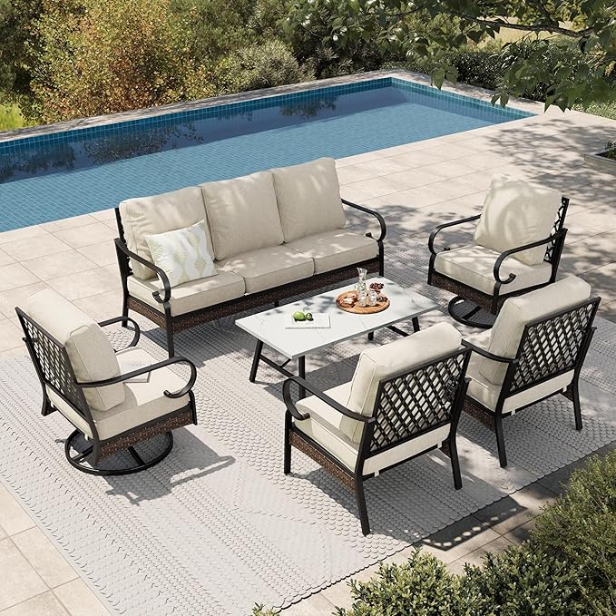 HERA'S HOUSE 6 Piece Metal Patio Furniture Set, All Weather Outdoor Conversation Set with 3-Seat Sofa, 2 Swivel Chairs, 2 Fixed Chairs & Coffee Table, 7 Seats for Backyard, Garden, Deck, Beige
