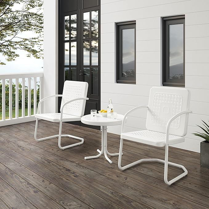 Crosley Furniture Bates 3-Piece Outdoor Chair and Side Table Set, Retro Metal Bistro Patio Conversation Sets, White Gloss and White Satin