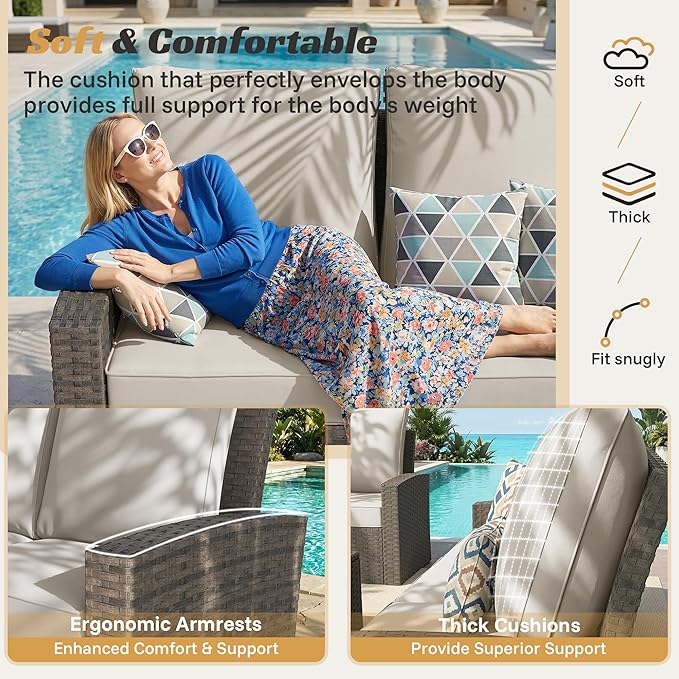 Outdoor Patio Furniture Set, 6 Piece Outdoor Wicker Rattan Sectional Sofa Conversation Sets with Adjustable Recliner Chairs, and Storage Coffee Table for Garden Porch Deck,White
