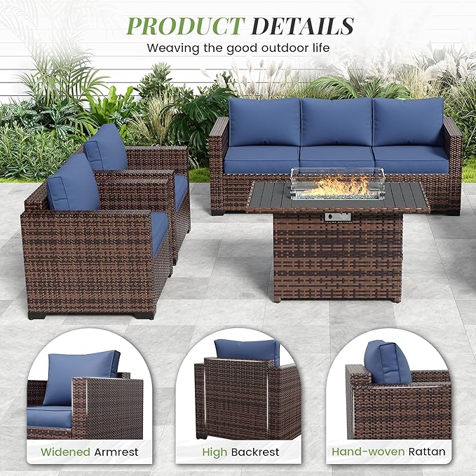 Amopatio Oversized Outdoor Sectional Sofa Set with 44" Metal Fire Pit Table & Storage Coffee Table - Waterproof Wicker Patio Furniture Set, Modular Furniture with Removable Cushions (Navy)