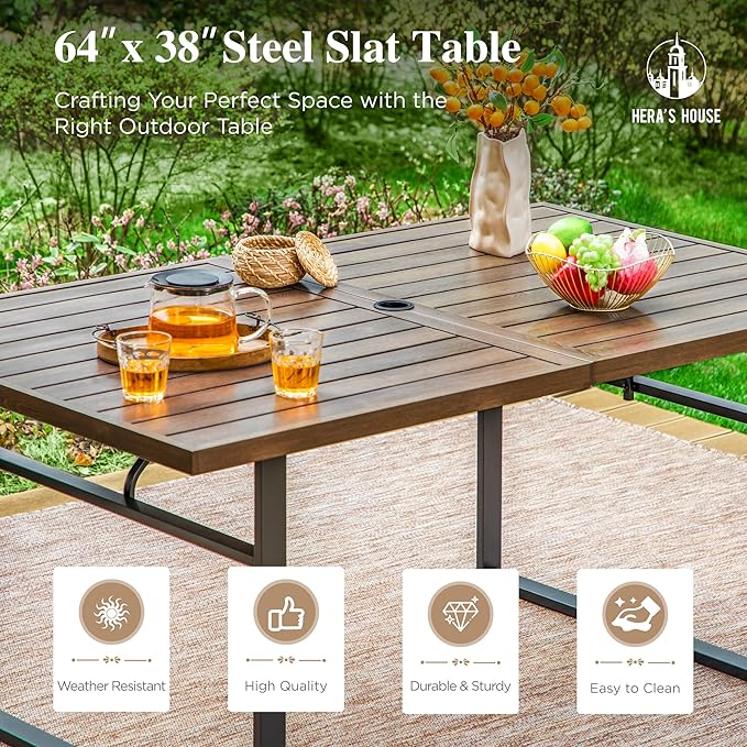 HERA'S HOUSE 7pc Outdoor Patio Dining Set, Wood-Look Metal Table, Red | 6 textilene chairs, 64" rectangular table with umbrella hole. Waterproof, rust-resistant, all-weather for yard, porch
