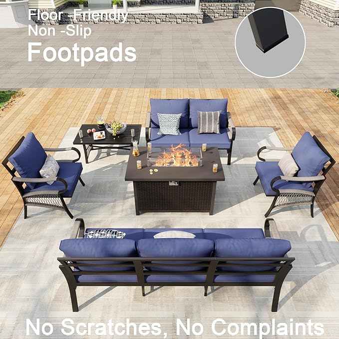 6 Pieces Patio Furniture Set, Metal Outdoor Conversation Sets with Fire Pit Table for Backyard Garden Deck Porch Poolside (Thick Blue Cushions)