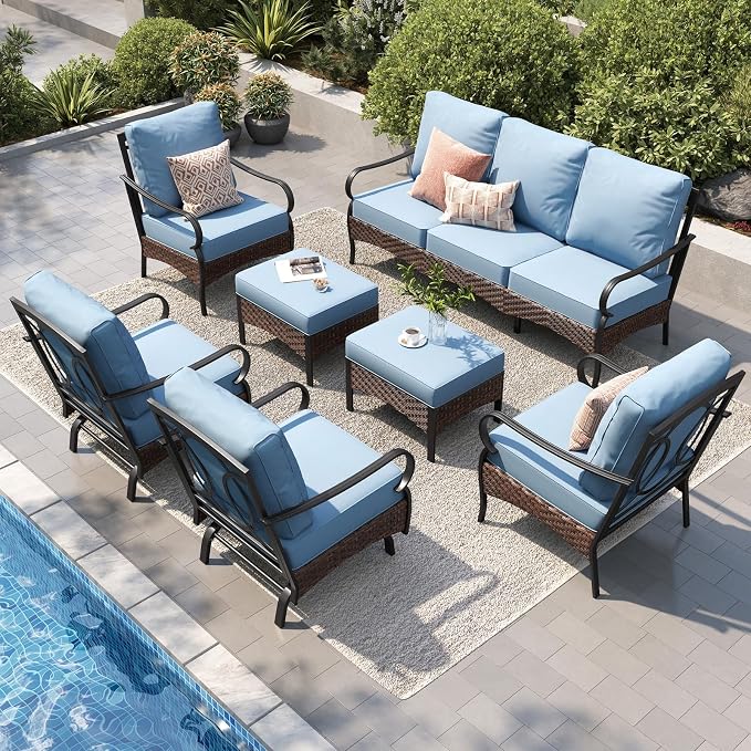 PHI VILLA Patio Furniture Set, Extra Large Wicker & Metal Outdoor Conversation Set Patio Sectional Sofa Set with Waterproof Thick Cushions for Porch, Poolside, Deck(7 Pieces, Blue)