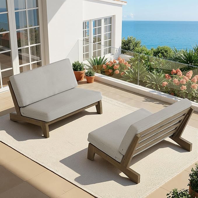 UIXE 5 Pieces Wood Patio Furniture Sets, 2 Patio Loveseat, 2 Patio Bistro Chair, All Weather Outdoor Sectional Sofa Furniture Backyard Conversation Set with Coffee Table - Light Camel