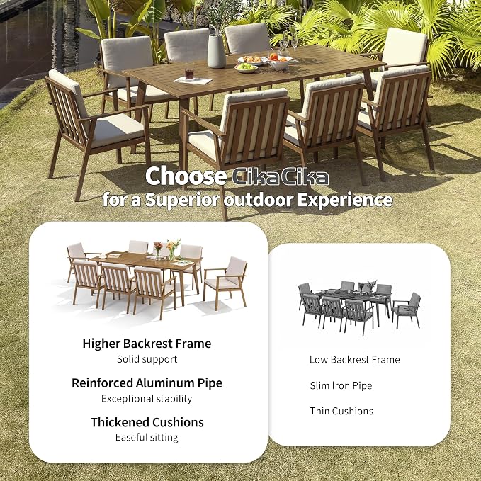 9 Pieces Patio Dining Set for 8, Aluminum Outdoor Dining Table Sets with Umbrella Hole, Modern Outdoor Patio Furniture Set with 8 Chairs and Table for Backyard, Poolside and Deck,Teak
