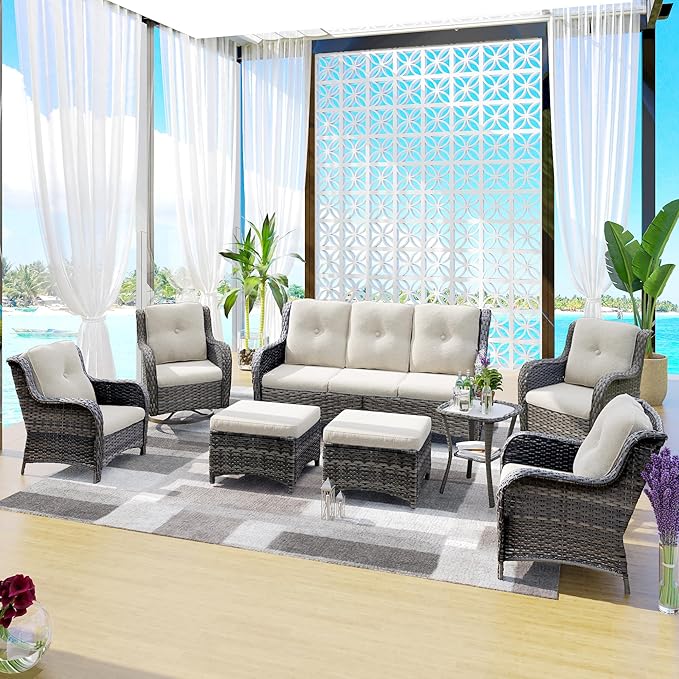 Wicker Patio Furniture Sets 8 Pieces with 3-Seat Sofa, 2 Swivel Rocking Armchairs, 2 Armchairs, 2 Ottoman and 1 Side Table Wicker Outdoor Furniture Sectional Conversation Set, Beige