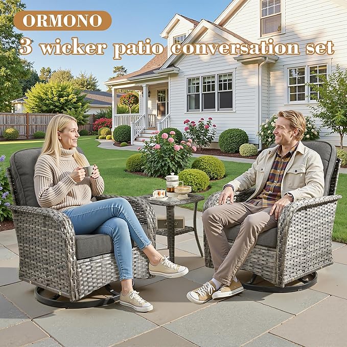 3 Pieces Patio Furniture Set, All-Weather Rattan Wicker Outdoor Furniture with Swivel Rocking Chairs and Side Table, High Back Conversation Set for Porch, Backyard, Balcony, Black