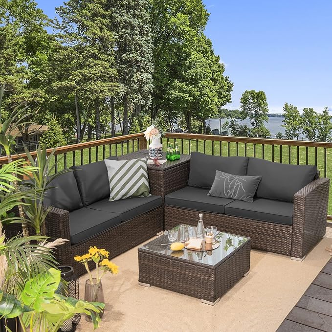 Tangkula 4-Piece Patio PE Wicker Furniture Set, Patiojoy Outdoor Sectional Sofa Set with Storage Box and Tempered Glass Tabletop, All-Weather PE Rattan Conversation Set with Removable Cushions (Grey)