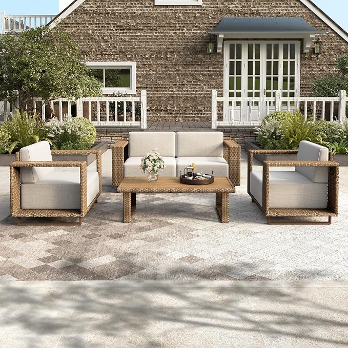HERA'S HOUSE Patio Furniture Set, 4-Seat Outdoor Wicker Couch Conversation Sets with 10" Ultra Thick Cushion, Low Profile Yellow Rattan Furniture with 5.3" Wide Arm for Backyard Lawn Garden