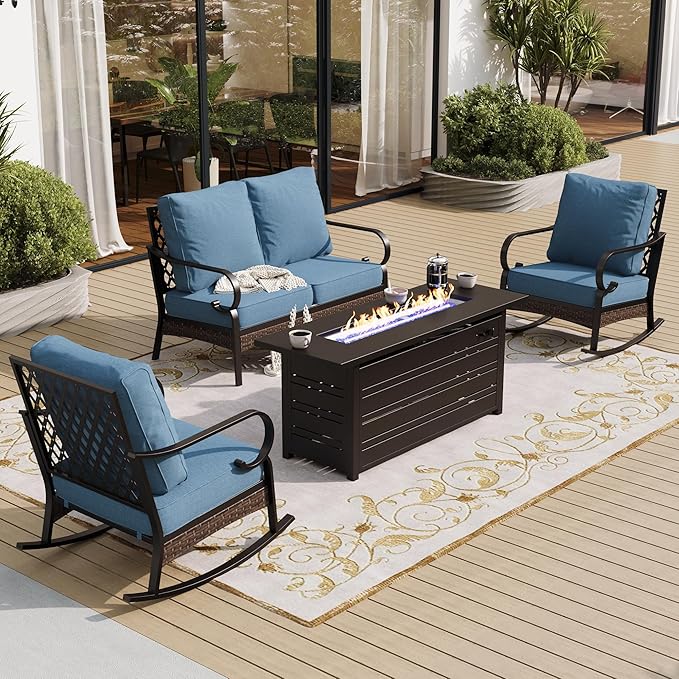 4 Piece Metal Outdoor Patio Furniture Sets with Firepit Table, Patio Conversation Sets 1 2-Seater Sofa, 2 Rocking Sofa with 5.75" Cushion Black Backyard Furniture for Deck, Denim Blue