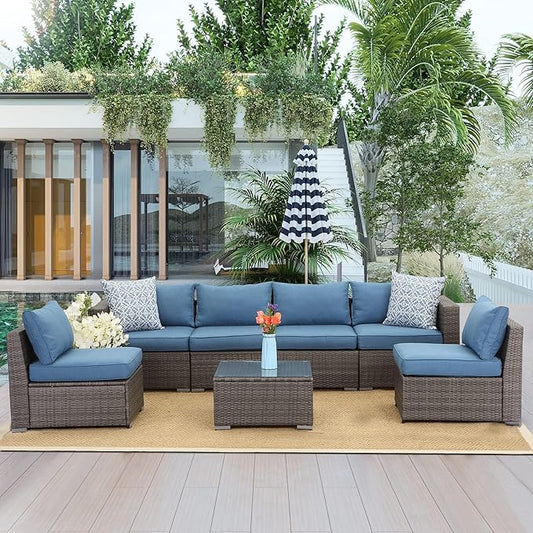 Wisteria Lane 7 Piece Patio Furniture Sets,All Weather Outdoor Sectional Patio Sofa Manual Weaving Wicker Patio Seating Rattan Sofas with Glass Table,Blue