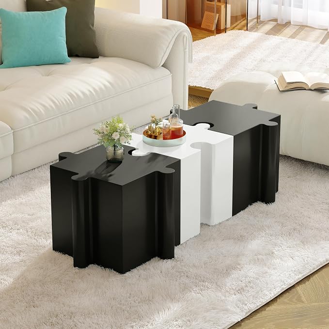 Christopher Knight Home Daton Interlocking Puzzle Outdoor Side Table, Lightweight Concrete Patio Coffee Table, Concave Edge MGO Modular End Table, Creative Set Up for Indoor&Outdoor Use, White