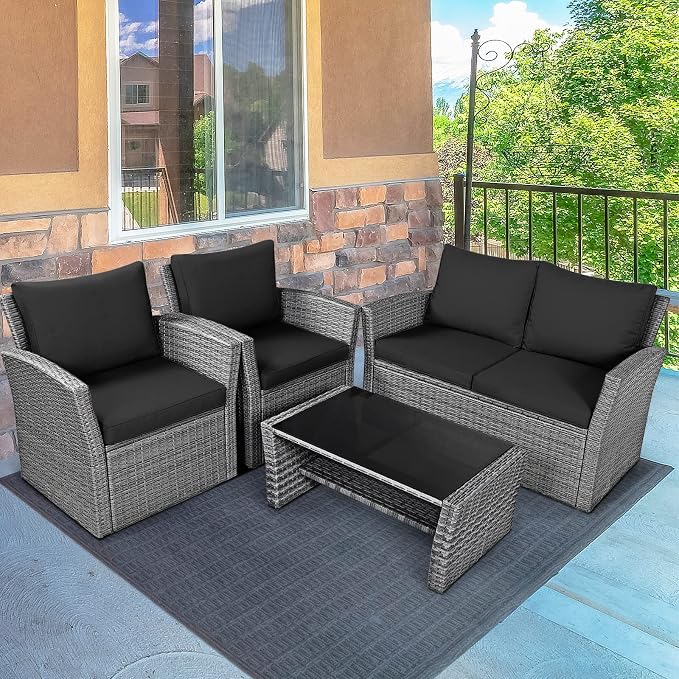 HAPPYGRILL 4 Pieces Conversation Set Outdoor Patio Rattan Furniture Set with Cushions and Coffee Table Sectional Wicker Sofa Set for Garden Porch Balcony Poolside