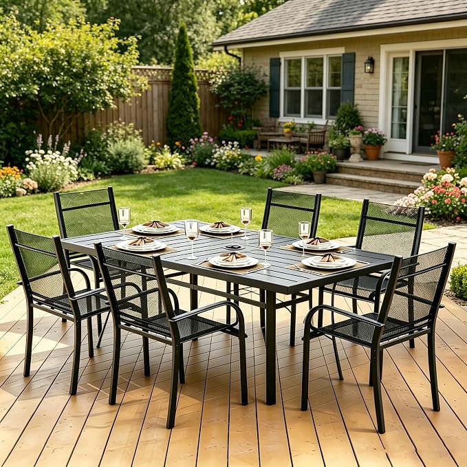 Trevero 7 Pieces Outdoor Dining Table 63"x36", Rectangle Patio Dining Table and Chairs with Stable Metal Frame for Garden, Backyard and Porch, Umbrella Hole Design, Suitable for 6 People