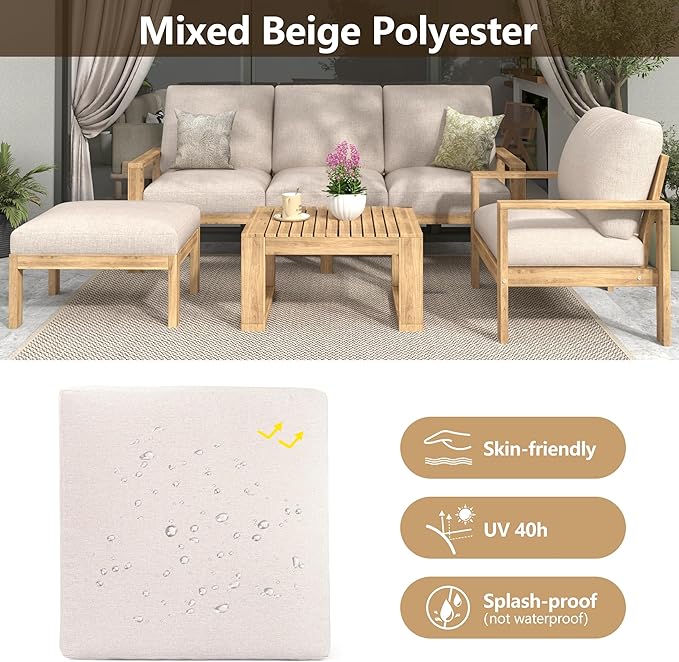 Christopher Knight Home Kayahs 4 Pieces Acacia Wood Furniture Set, Patio Conversation Sofa Chat Set with Coffee Table and Otoman, Outdoor Sofa Chair Set for Garden Porch Backyard Balcony, Teak+Beige