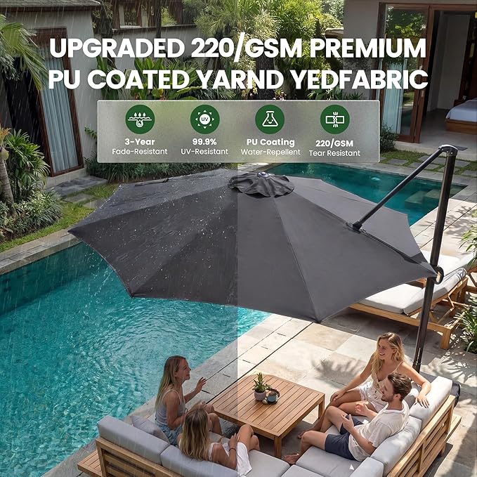 OLILAWN 10FT Outdoor Patio Umbrella with Base Included, Cantilever Offset Umbrella with Heavy-Duty Frame, 360° Rotation & Infinite Tilt, UV-Resistant Water-Repellent Shade for Patio, Poolside, Backyard, Tan Grey