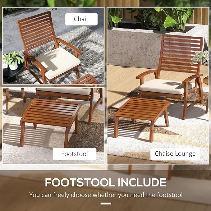 Outsunny 4 Piece Patio Furniture Set, 2 Chairs with Footstools, Outdoor Chair Set for 2 with Slatted Acacia Wood Seat and Backrest, Cushions and Ottomans, Cream White