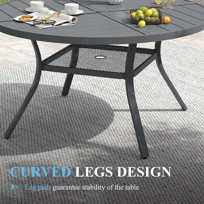 VICLLAX 47.2" Round Patio Table with Umbrella Hole, All Weather Metal Outdoor Dining Table for 6, Outside Table with Storage Shelf for Lawn Garden, Grey