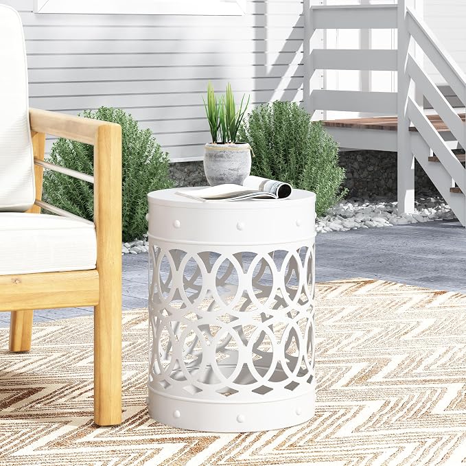 Outdoor Round Metal End Table Cut Out Design, Metal Round Patio Table Garden Stool Side Tables for Indoor Outdoor (White)