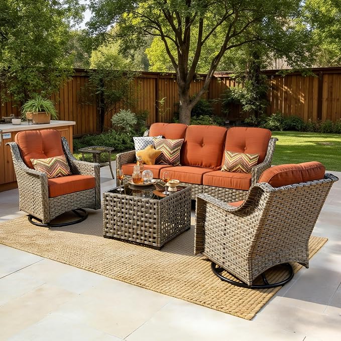 5 PCS Patio Conversation Set, All-Weather Rattan Wicker Outdoor Patio Furniture Sets with High Back Swivel Rocker Chair, Solar Light Coffee Table for Porch,Backyard,Balcony,Orange