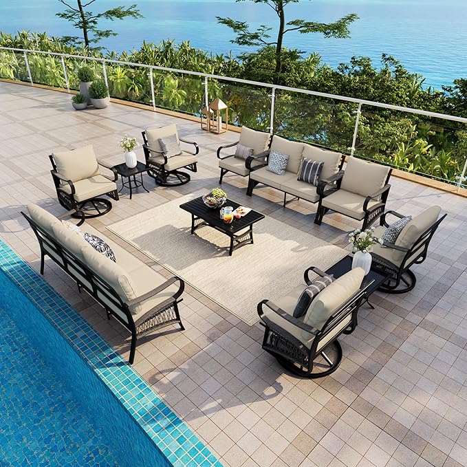 11 Pieces Patio Conversation Sets, All-Weather Metal Swivel Rocking Chairs with Rope Furniture Set, Outdoor Sofa Couch for Deck, Porch, Garden, Backyard, Poolside (Beige Cushions)