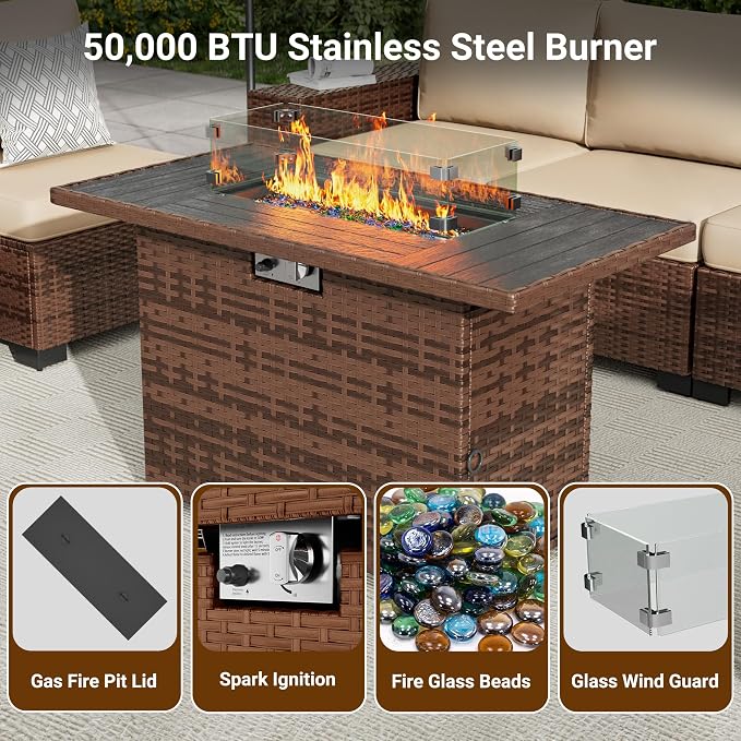 Patio Furniture Set with 44'' Propane Gas Firepit Table, 10 PCS Modular Outdoor Sectional Conversation Sets, All-Weather Wicker Patio Set for Backyard, Beige (Waterproof Covers Included)