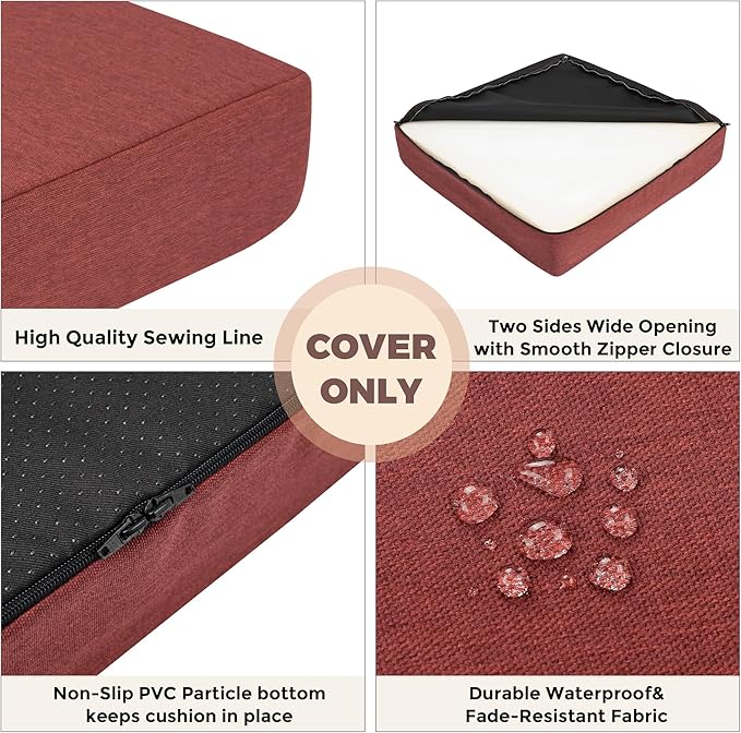 FUNHOME Outdoor Cushion Covers 24 x 24 x 4 inch,Set of 2,Non-Slip Grips Bottom,Replacement Cushion Covers for Garden Patio Furniture Couch Chair,Fade-Resistant Slipcover Only,No Insert(Dark Red)