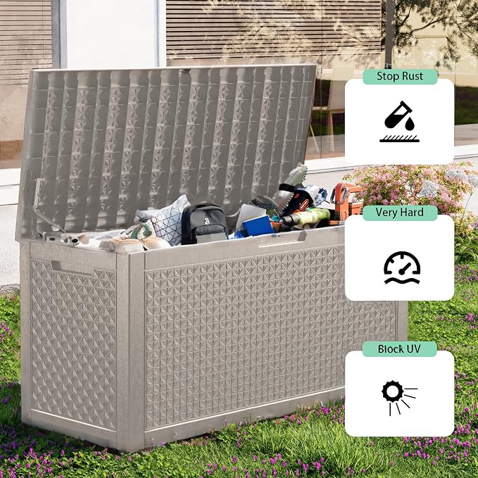 New 121 Gallon Outdoor Storage Box, Resin Deck Boxes Waterproof, Indoor Outdoor Bin for Package Delivery, Patio Cushions, Gardening Tools, Lockable, UV Resistant