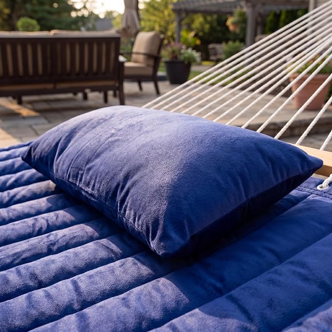 Double Quilted Hammock with Spreader Bar, Pillow & Chains, 450 lbs Capacity, Weather Resistant, for Patio, Backyard, Beach, Outdoor, Navy Blue