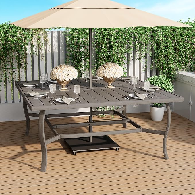 HAPPATIO Square Outdoor Dining Table, 59" Large Aluminum 8 Person Table with Umbrella Hole, All-Weather Aluminum Frame for Deck Lawn Garden Backyard Balcony Deck,