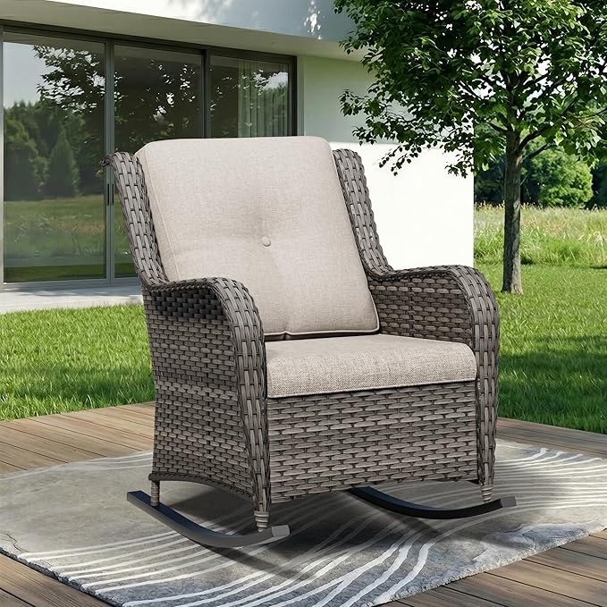 Outdoor Rocking Chair, Wicker Patio Chair with Thickened Olefin Cushions, High Back and Deep Seating, Hand-Woven PE Rattan for Porch, Deck, Balcony, Beige