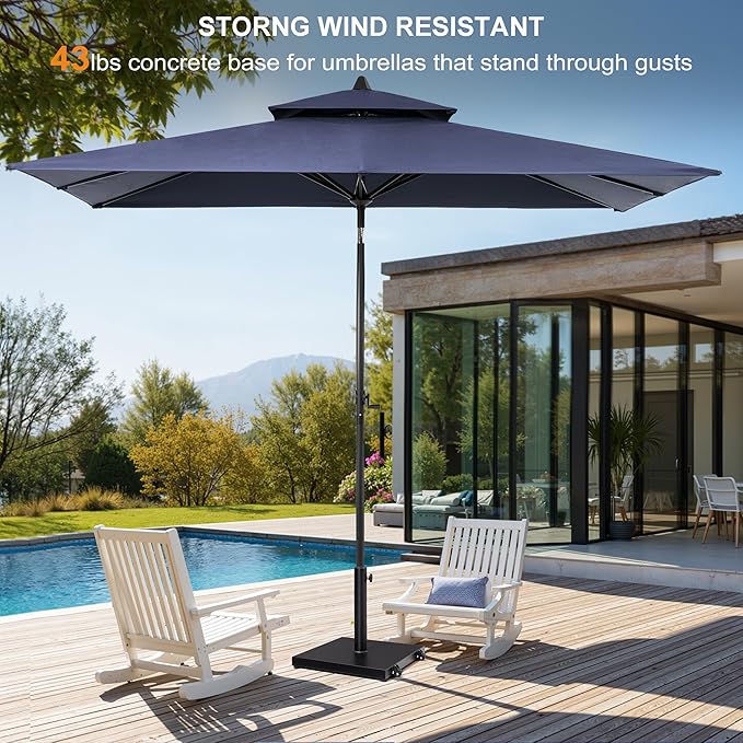 9-10ft Patio Umbrella with Base Included - Outdoor Table Umbrella with 2-Year Fade-Resistant Canopy, 43-lb Heavy-Duty Concrete Umbrella Stand with Wheel for Deck, Porch & Backyard