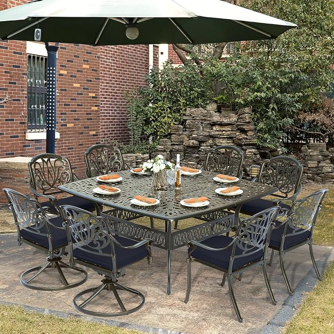 9-Piece Patio Cast Aluminum Dining Set, Outdoor Dining Furniture Set for 8 Person, Includes 64" Square Table, 6 Stationary and 2 Swivel Dining Chairs with Umbrella Hole, Navy Blue