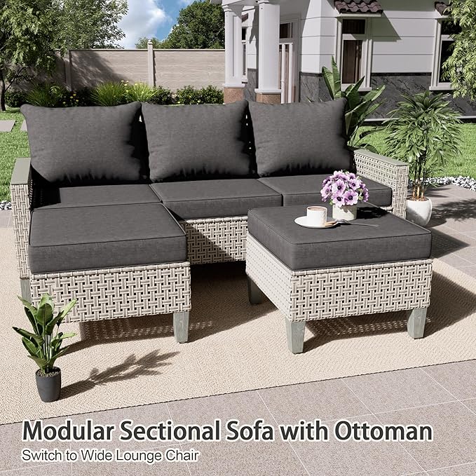 Outdoor Patio Furniture Set with Rattan Fire Pit Table 8-Piece Modular Wicker Sectional Sofa with Ottomans and Thick Cushions, Modern Rattan Outdoor Conversation Couch, Black
