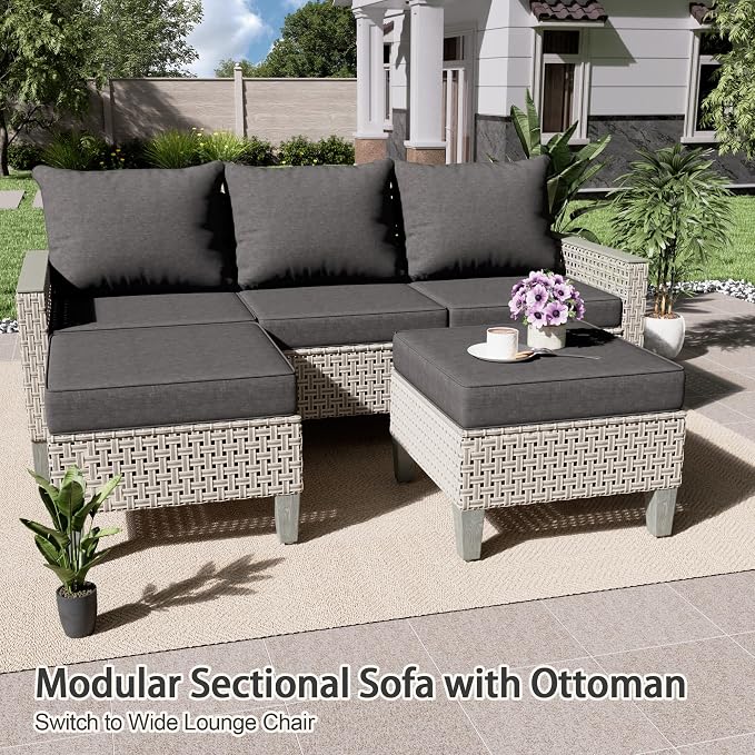 Outdoor Patio Furniture Set with Fire Pit Table 15-Piece Modular Wicker Sectional Sofa with Ottomans and Thick Cushions, Modern Rattan Outdoor Conversation Couch, Black