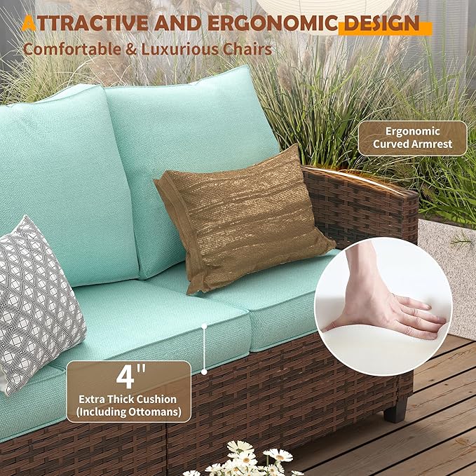 UDPATIO Patio Furniture Set with 44" Fire Pit Table, 8 Pieces Outdoor Sectional Conversation Sets, All-Weather Wicker Rattan Sofa Ottoman with 4" Thick Cushion for Garden Backyard Deck, Light Blue