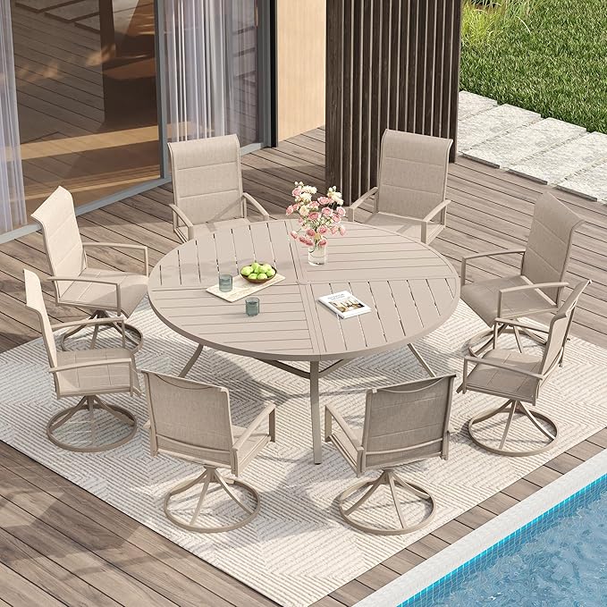 VICLLAX Patio Dining Set for 8, 8 Seats Outdoor Furniture Includes 59.9" Round Patio Table and Swivel Padded Chairs, Sandshell Color Tabletop and Fabric